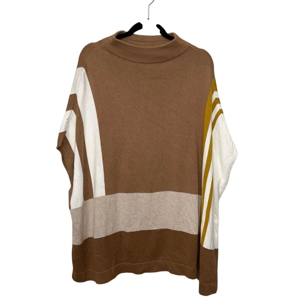 Talbots Womens Medium Colorblock Mock Neck Poncho Sweater Brown Cream Mustard‎ M